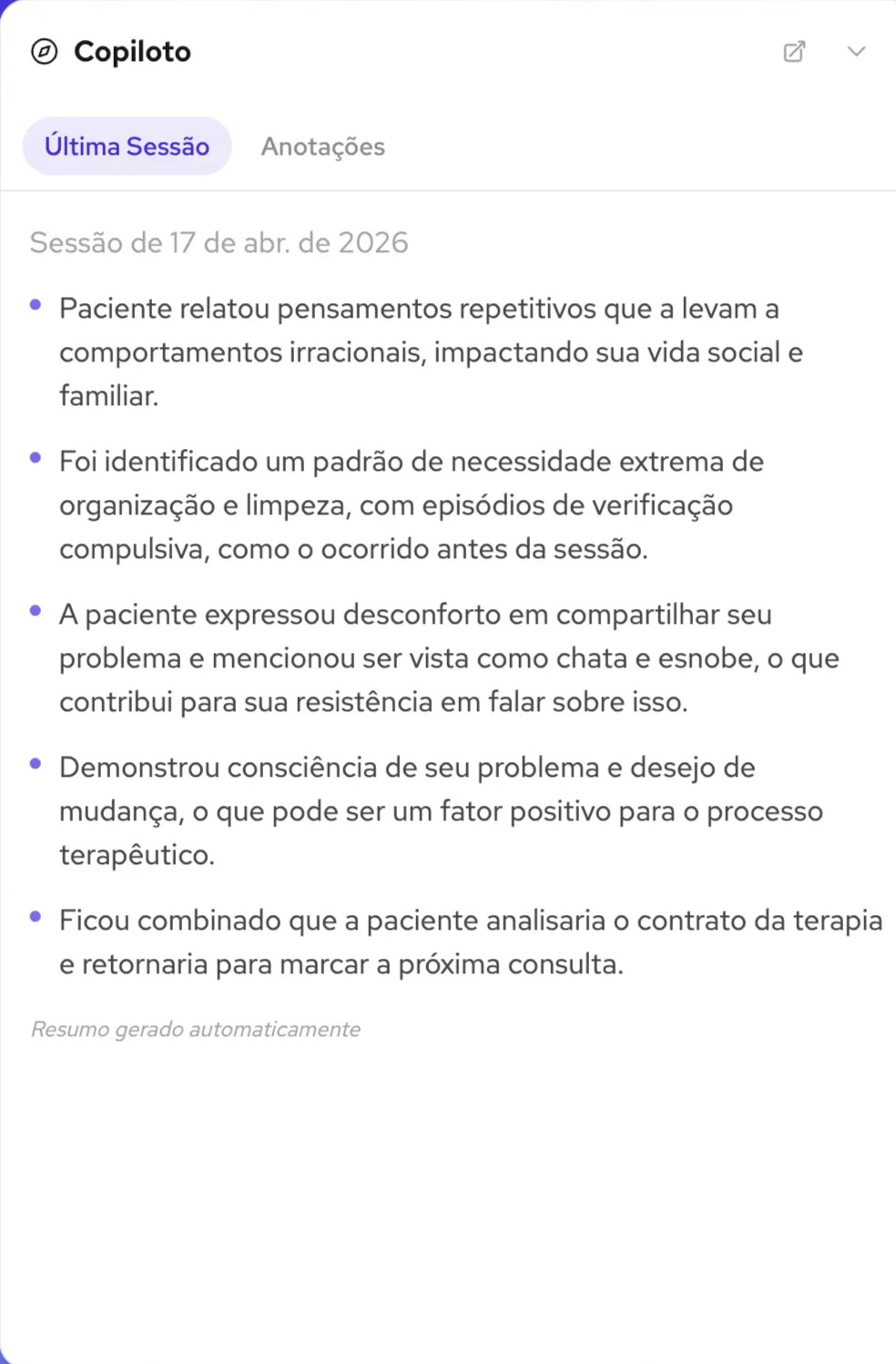 Resumo do paciente antes da sessão